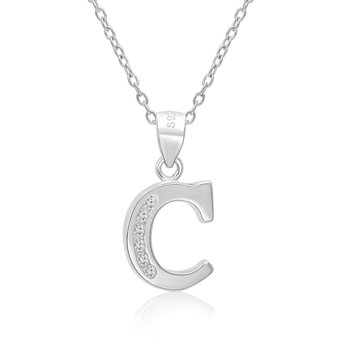 Sterling Silver Alphabet Initial CZ Pendant Necklace - All Letters