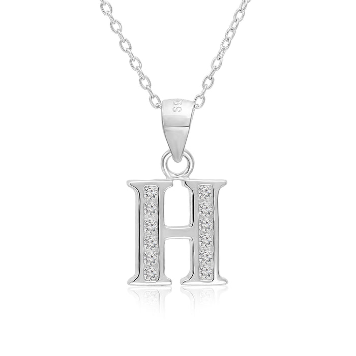 Sterling Silver Alphabet Initial CZ Pendant Necklace - All Letters