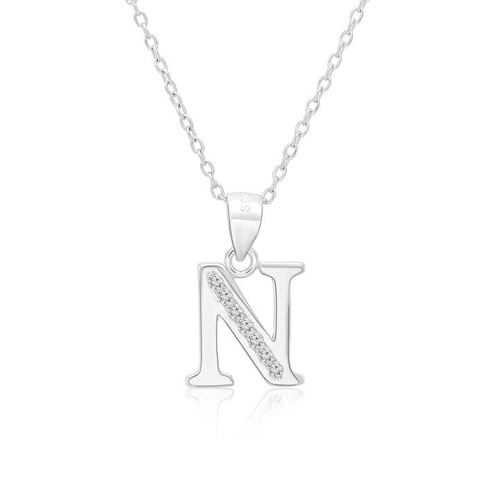 Sterling Silver Alphabet Initial CZ Pendant Necklace - All Letters