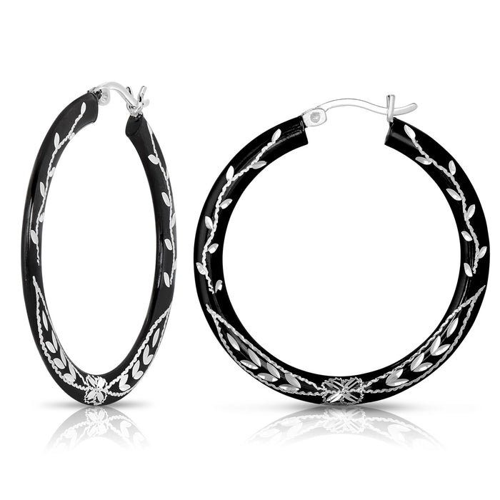 925 Sterling Silver Black Rhodium Floral Design Engraved Hoop Earrings