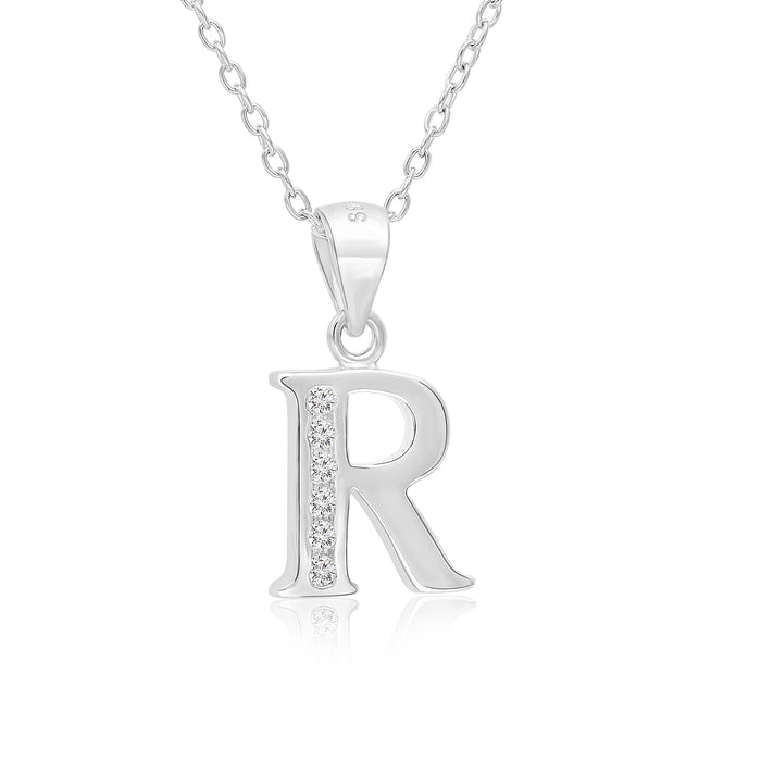 Sterling Silver Alphabet Initial CZ Pendant Necklace - All Letters