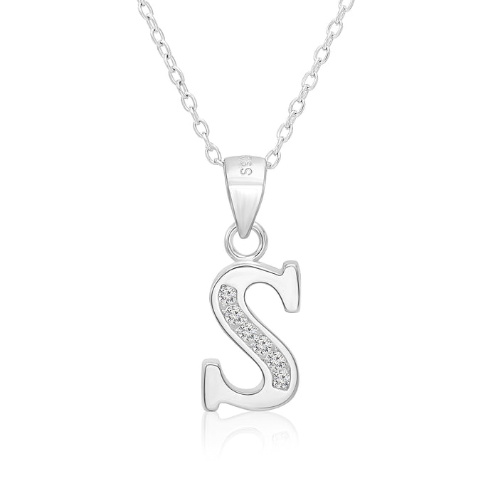 Sterling Silver Alphabet Initial CZ Pendant Necklace - All Letters