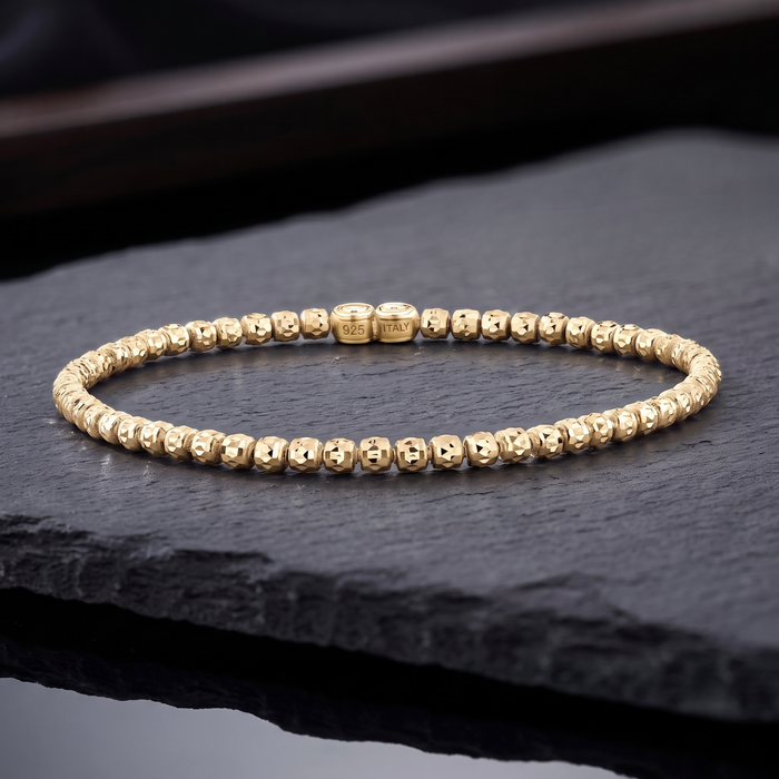 14K Gold Plated Diamond-Cut "Tiger" Bead Stretch Bracelet, Solid Sterling Silver