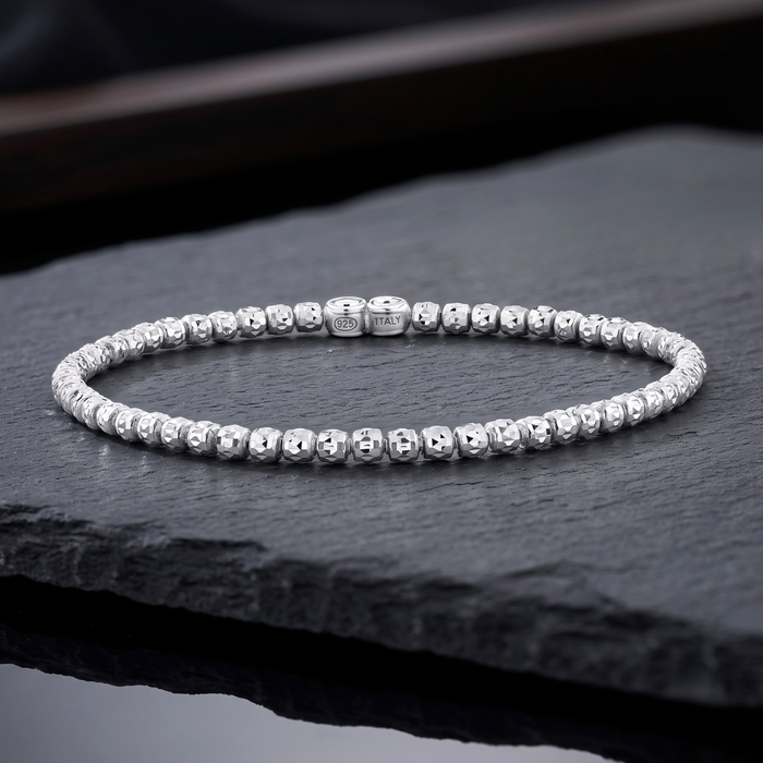 Sterling Silver Diamond-Cut "Tiger" Bead Stretch Bracelet