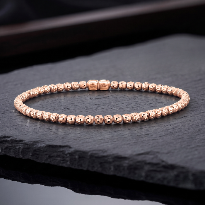14K Rose Gold Plated Diamond-Cut "Tiger" Bead Stretch Bracelet, Solid Sterling Silver