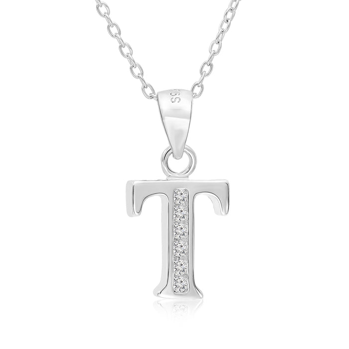 Sterling Silver Alphabet Initial CZ Pendant Necklace - All Letters