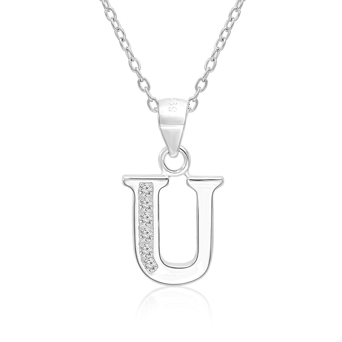 Sterling Silver Alphabet Initial CZ Pendant Necklace - All Letters