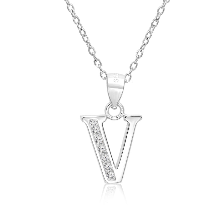 Sterling Silver Alphabet Initial CZ Pendant Necklace - All Letters