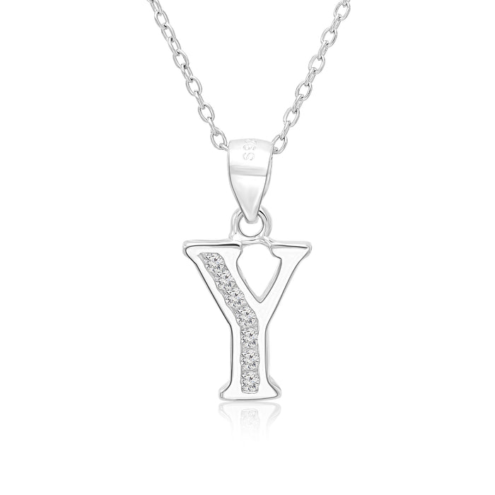 Sterling Silver Alphabet Initial CZ Pendant Necklace - All Letters