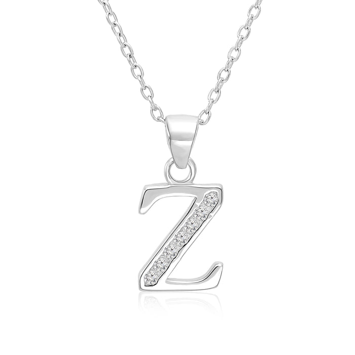 Sterling Silver Alphabet Initial CZ Pendant Necklace - All Letters