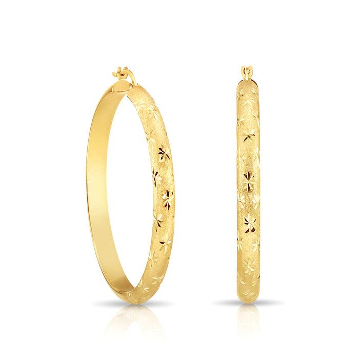 14K Gold Half Round Satin with Flower Diamond Cut Design Hoop Earrings