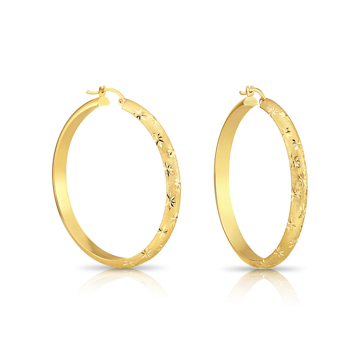 14K Gold Half Round Satin with Flower Diamond Cut Design Hoop Earrings