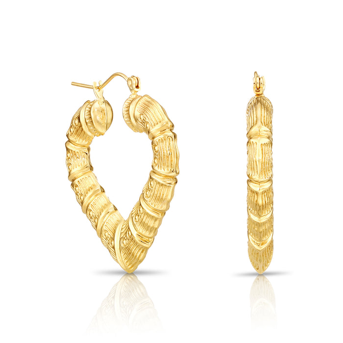 14K Gold Heart Shaped Bamboo Hoop Earrings