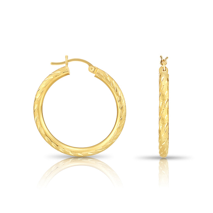 14K Yellow Gold Half Round Hoop with Spiral and Satin Diamond Cut