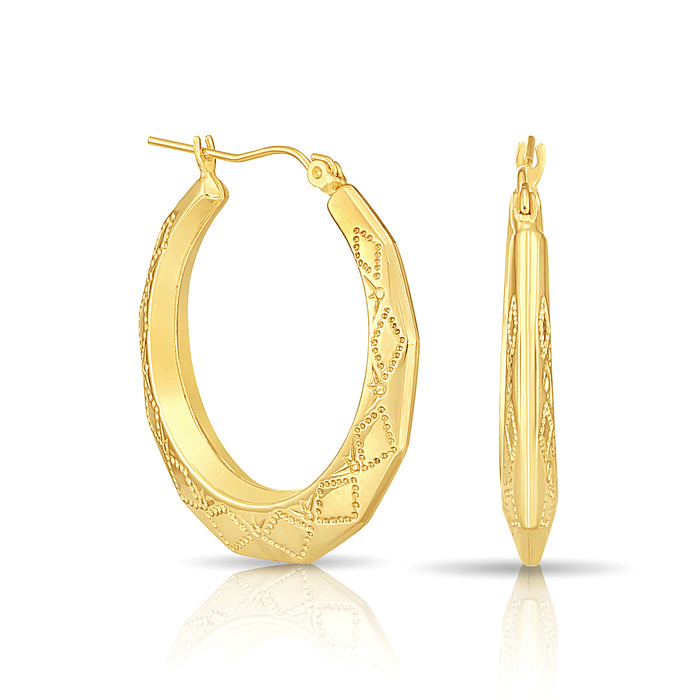 14K Gold Hexagon Hoop Earrings with Design