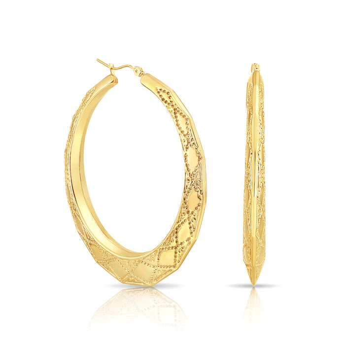 14K Gold Hexagon Hoop Earrings with Design