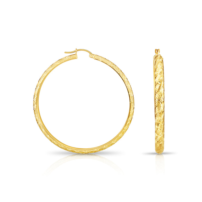 14K Gold Tornado Style Diamond Cut Hoop Earring
