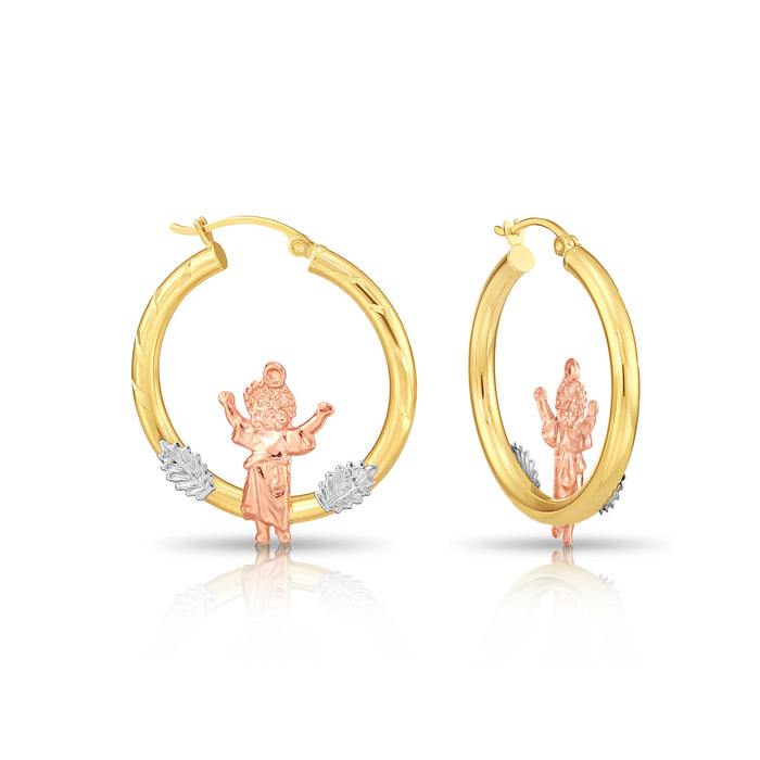 14K Gold Tri-Color Jesus Style Hoop Earrings