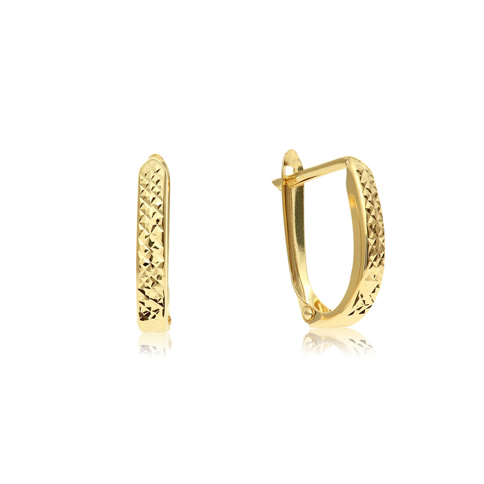 14K Gold Diamond Cut Engraved Oval Huggie Hoop Earrings