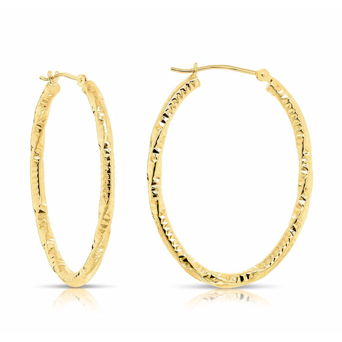 14k Yellow Gold Oval Hoop Earrings with Twisted Diamond Cut Design
