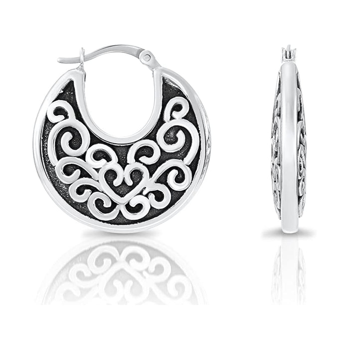Sterling Silver Bali-inspired Round Hoop Earrings