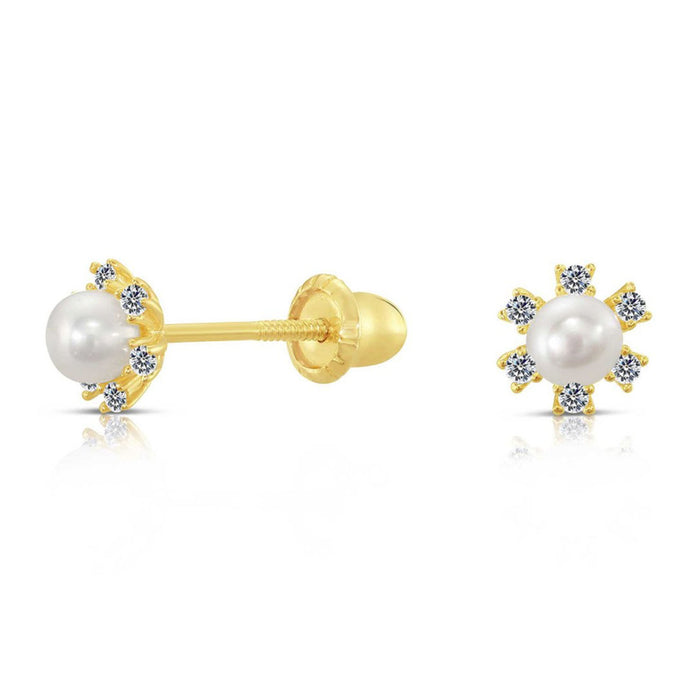 10k Yellow Gold Flower Freshwater Pearl Stud Earrings
