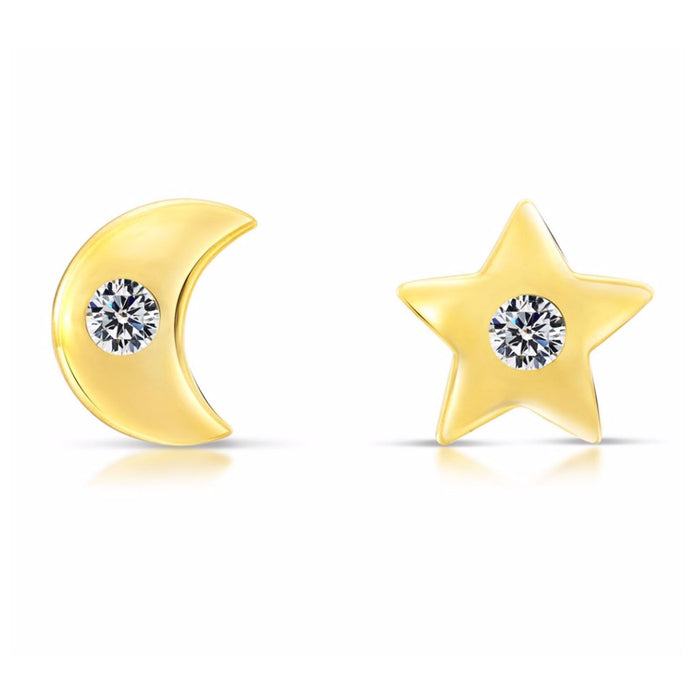 10k Yellow Gold Star and Moon Stud Earrings