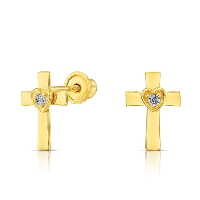 10k Yellow Gold Cross & Heart Stud Earrings