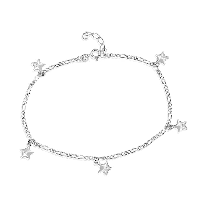 925 Sterling Silver Figaro Chain Bracelet Charm Anklet with Stars