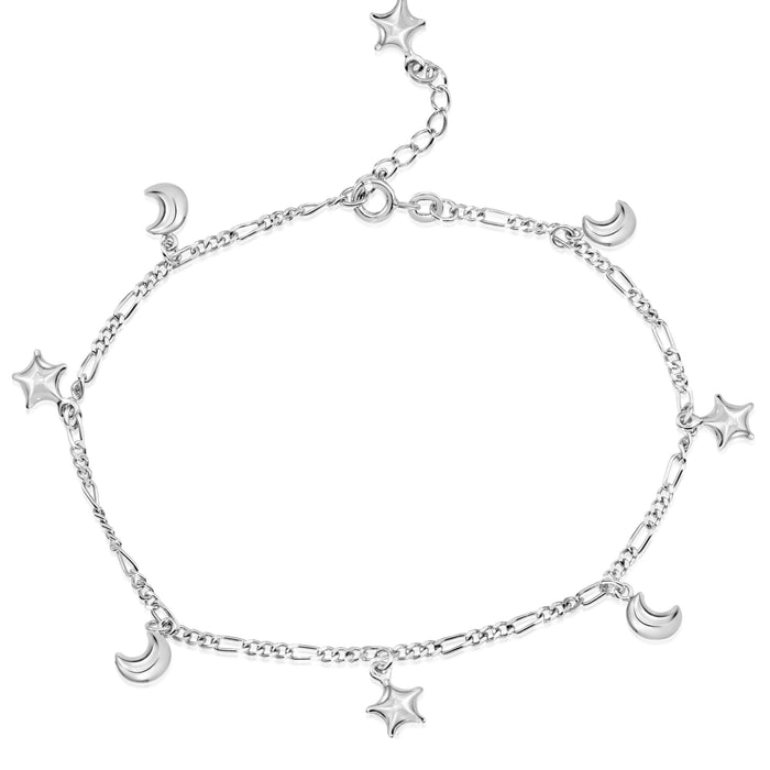 925 Sterling Silver Figaro Chain Bracelet Charm Anklet with Stars and Moon