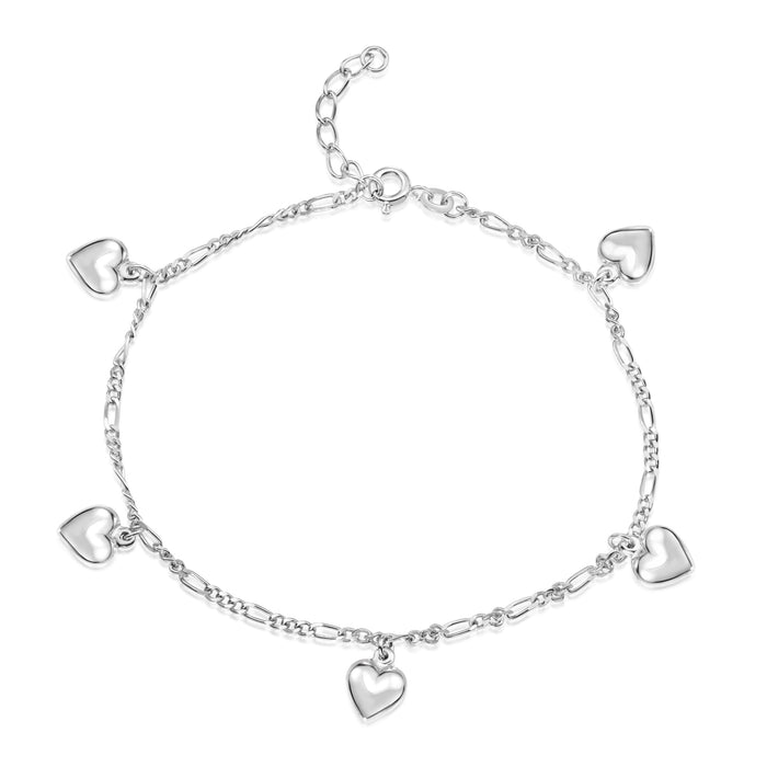 925 Sterling Silver Figaro Chain Bracelet Charm Anklet with Hearts