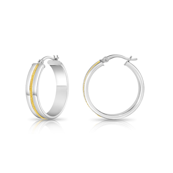 Gold Glitter Accent Hoop Earrings Solid Sterling Silver