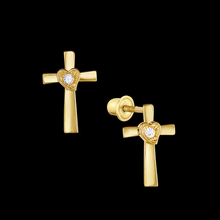 14k Yellow Gold CZ Cross & Heart Stud Earring
