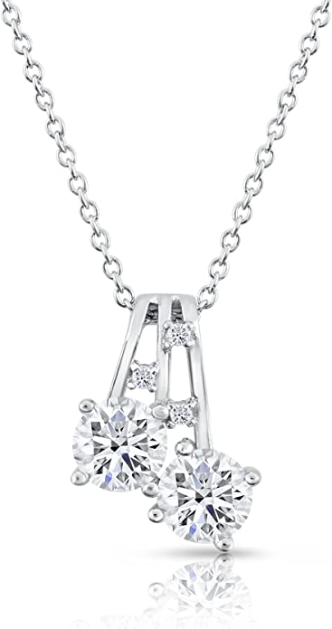 Sterling Silver Side-by-side Two Round Cubic Zirconia Fork Hanging Pendant
