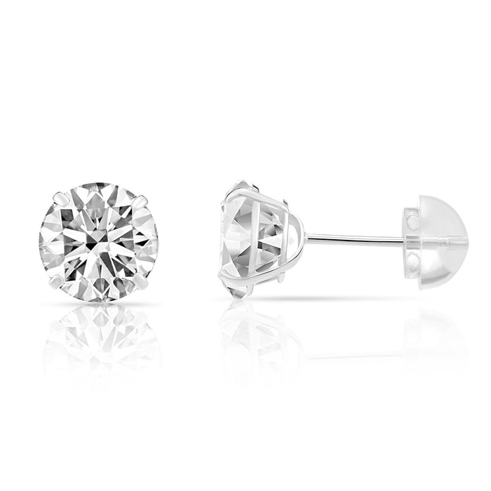 14k White Gold Solitaire Round Cubic Zirconia Stud Earrings with Silicone Pushbacks