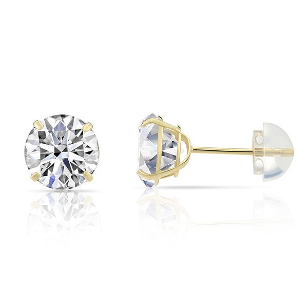 14k Yellow Gold Solitaire Round Cubic Zirconia Stud Earrings with Silicone Covered 14k Gold Pushbacks