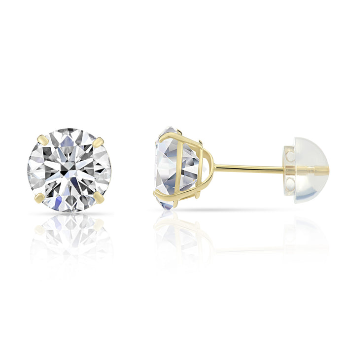 14k Yellow Gold Solitaire Round CZ Stud Earrings with Silicone Pushbacks
