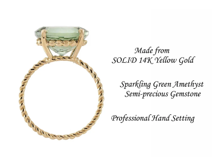 14k Gold Semi-precious Green Amethyst Gemstone Ring