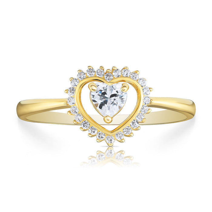 14k Yellow Gold Halo Heart CZ Ring