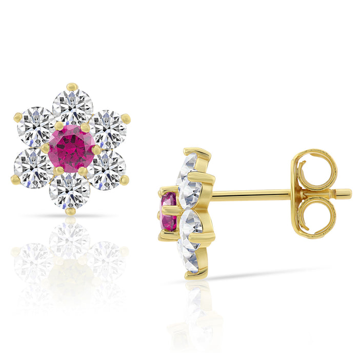Sterling Silver CZ Birthstone Gold Plated Flower Stud Earring
