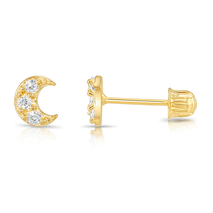 14k Gold Cresent Moon CZ Stud Earrings