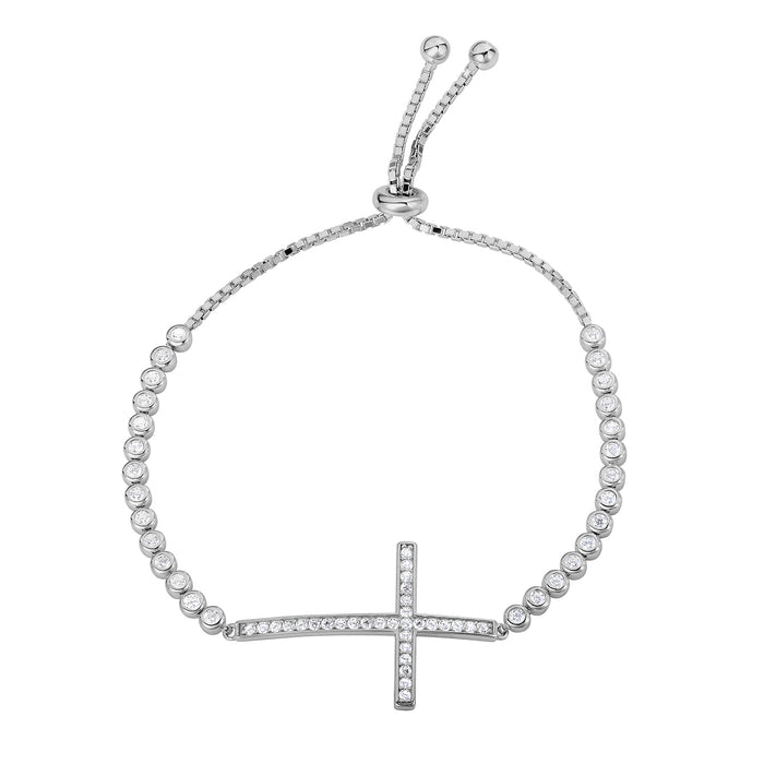 Sterling Silver Cross Cubic Zirconia Adjustable Bracelet