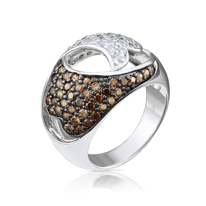 Sterling Silver Unique Statement Ring With White & Coffee Brown CZ