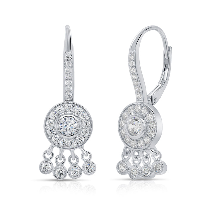 Sterling Silver Round Leaver Back Dangling CZ Earring