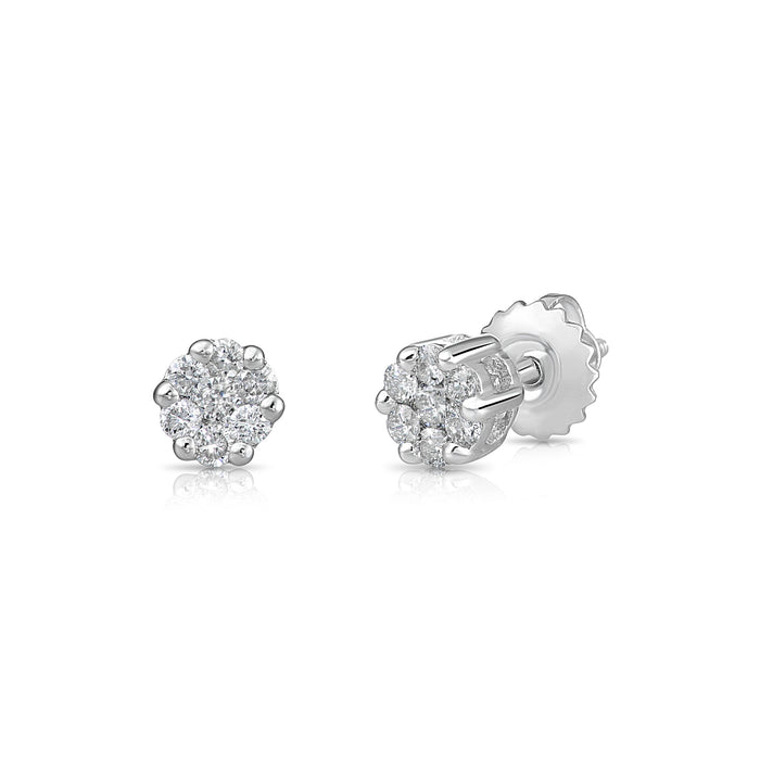 14K White Gold Diamond Cluster Stud Earring with Screw-Back