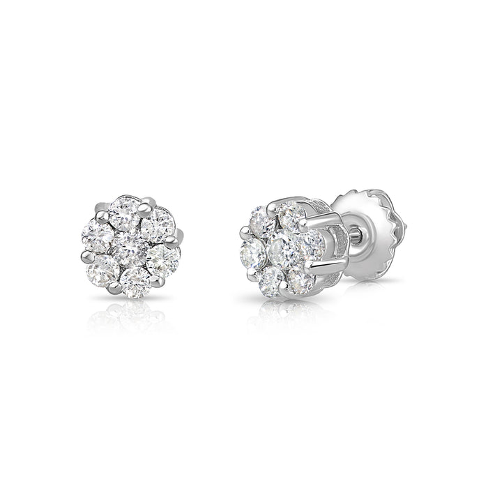 14K White Gold Diamond Cluster Stud Earring with Screw-Back