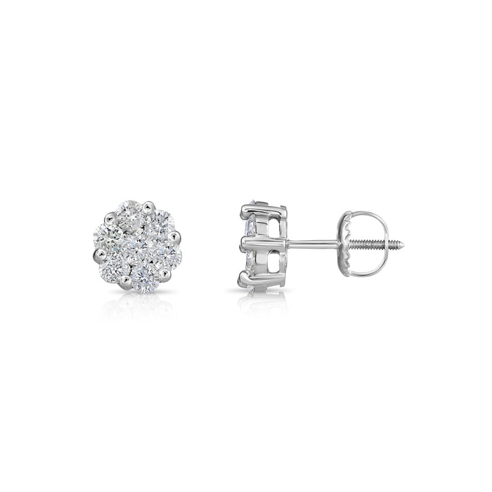 14K White Gold Diamond Cluster Stud Earring with Screw-Back