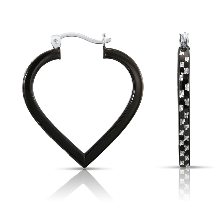 Fancy Glossy Black Sterling Silver Checkered Hand Engraved Diamond-cut Heart Hoop Earrings
