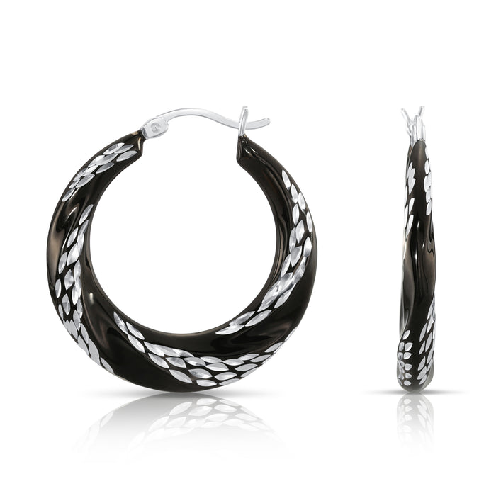 Fancy Glossy Black Sterling Silver Twisted Design Hoop