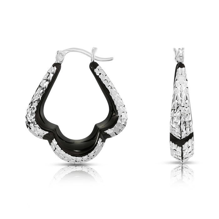 Fancy Glossy Black Sterling Silver Three-Point Hoop Earrings